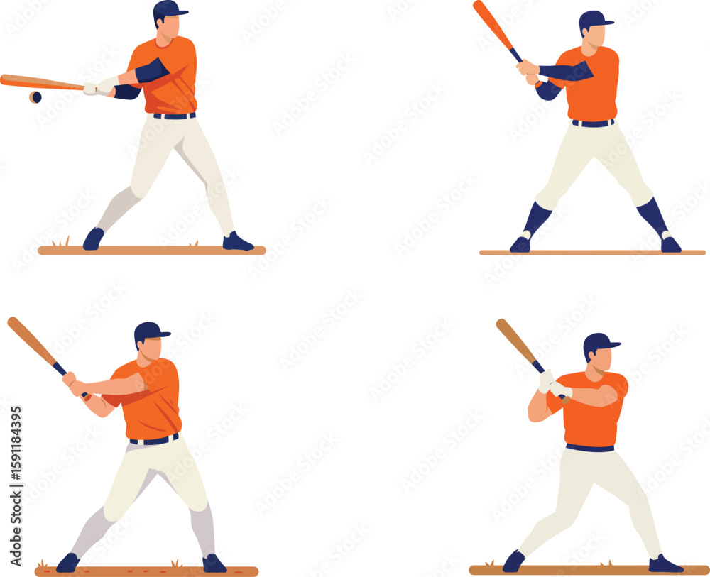 Obraz premium Baseball Player Swinging Bat Set – Flat Vector Sports Illustration