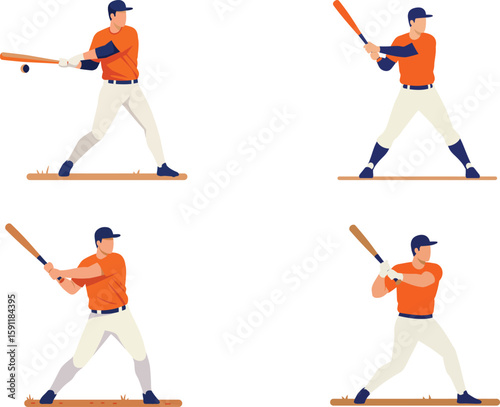 Baseball Player Swinging Bat Set – Flat Vector Sports Illustration