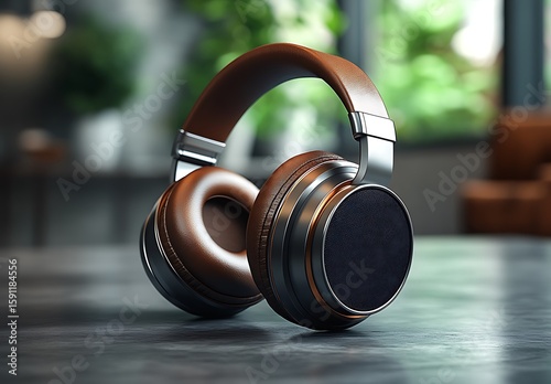 Brown headphones mockup on sleek table in bright modern room with plants

