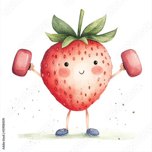 A strawberry lifting tiny dumbbells fitness