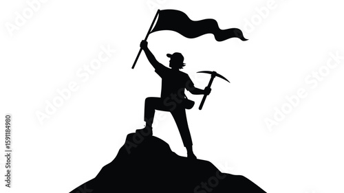 Silhouette of Climber on Mountain Peak with Flag and Ice Axe