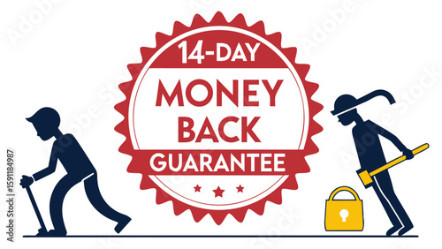 Depicting money back guarantee graphic with disabled person and construction worker, symbolizing accessibility or overcoming challenges.