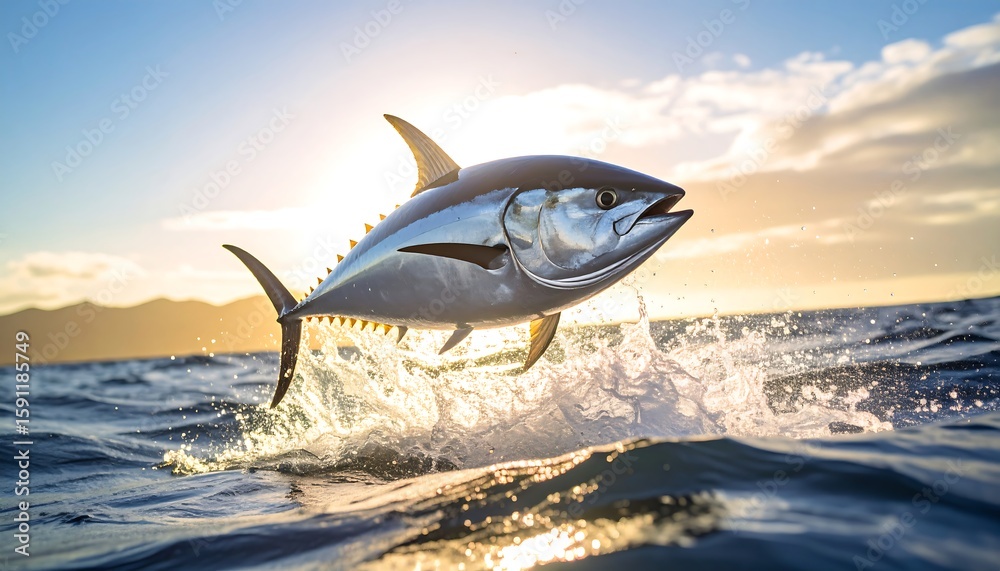 Obraz premium Tuna leaping in ocean sunrise