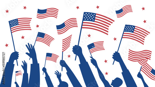Patriotic design featuring raised hands and American flags, perfect for celebrating national holidays or showcasing civic pride.