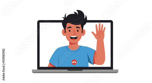 Happy young man video chatting, waving hello from laptop screen.