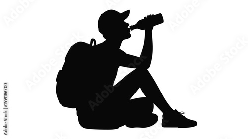 Silhouette of a hiker drinking from a bottle while resting