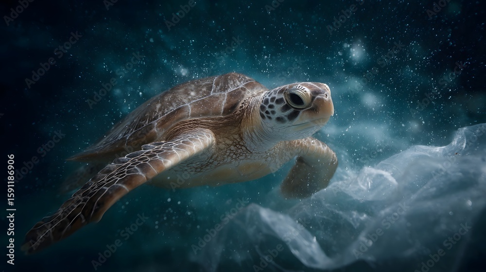 Fototapeta premium Sea turtle swimming near floating plastic debris