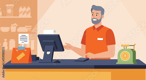 Friendly Cashier at a Store Counter: Assisting with a Purchase