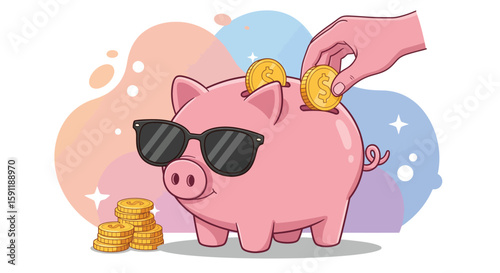 Saving Money: A Cool Piggy Bank with Coins Being Deposited