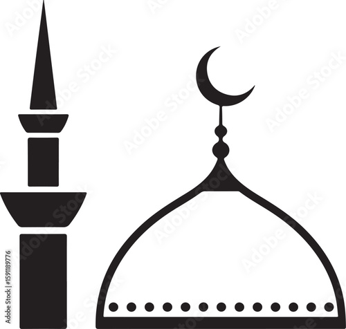 Black Mosque and Minaret Vector Illustration on White Background