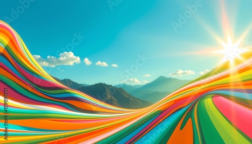 a vibrant scene of a road winding through a valley beneath a clear blue sky