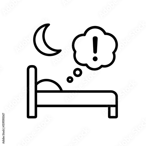 Bed with thought bubble outline icon representing insomnia and anxiety