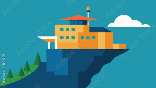 A vibrant vector illustration of a charming castle on a hill overlooks a peaceful village with houses, trees, and a clear sky, embodying an idyllic urban landscape design