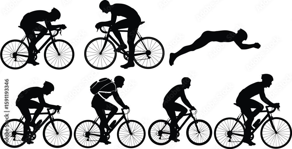 Obraz premium Cyclists silhouettes showcase athletes riding bicycles, symbolizing fitness, competition, and healthy lifestyles, perfect for sports or transportation themes.