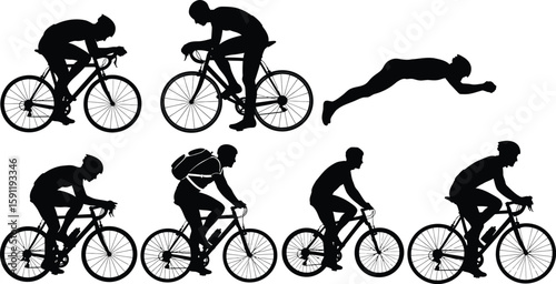 Cyclists silhouettes showcase athletes riding bicycles, symbolizing fitness, competition, and healthy lifestyles, perfect for sports or transportation themes.