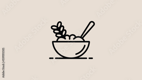 Oatmeal Bowl Icon with Spoon and Wheat Minimalist Line Art