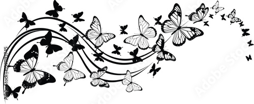 Graceful swarm of butterflies ascends along flowing swirls in a vector graphic art design, perfect for creative projects.