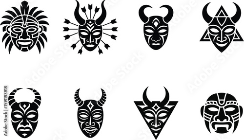 Collection of tribal masks in monochrome style for design and cultural representations