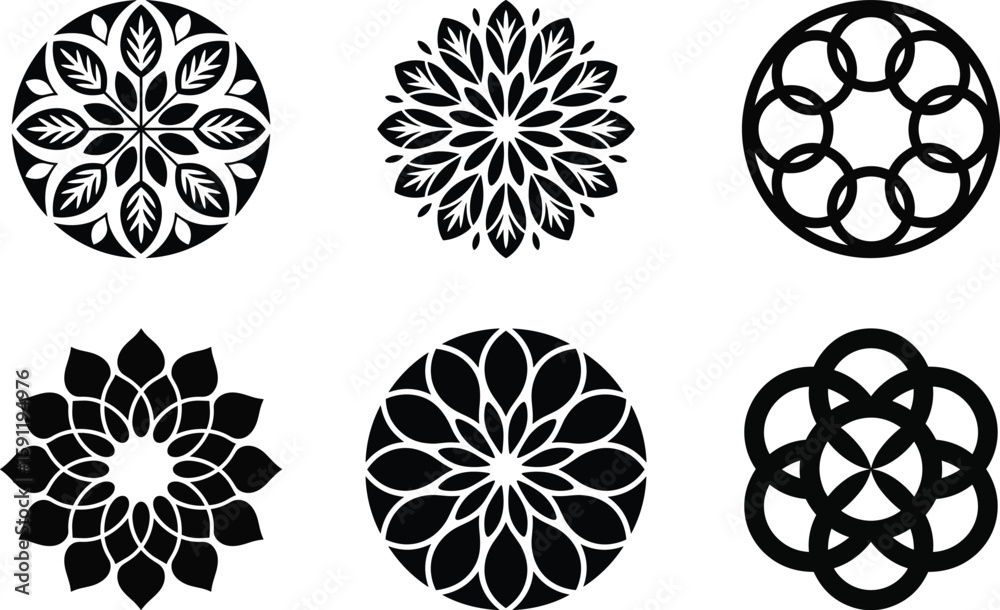 Elegant set of six black and white circular decorative geometric floral designs or mandalas Elegant set of six black and white circular decorative geometric floral designs or mandalas