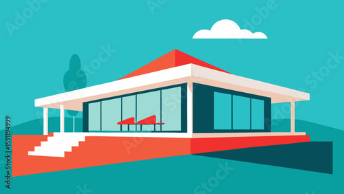 Red public tram traveling past a vintage house on the beach, vector illustration