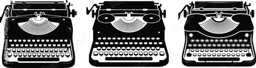 Black and white vector illustration of three antique typewriters in a row against white background