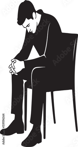 Sad man sitting on chair in black and white vector illustration