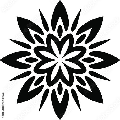 Intricate black and white mandala design featuring geometric floral shapes and symmetry
