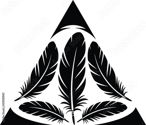 Elegant black feather design forming a triangle on a clean white background for various design concepts