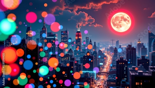 an urban night scene, where a vibrant cityscape is illuminated by a multitude of colorful lights against the backdrop of a full moon