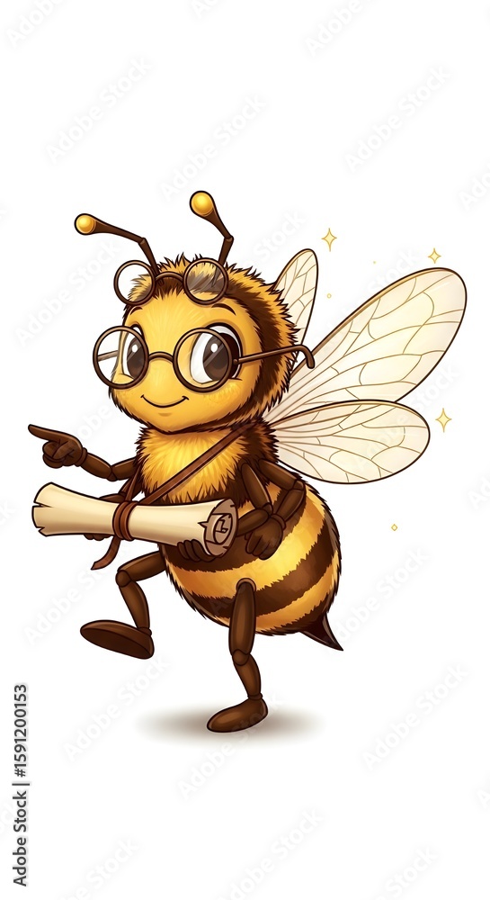 Fototapeta premium Professor Bee Mascot with Scroll – Ideal for Eco Education or Honey Packaging