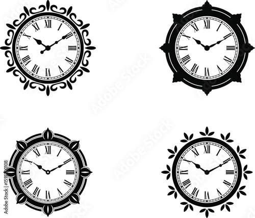 Set of four vintage style black and white clocks with roman numerals and elegant designs