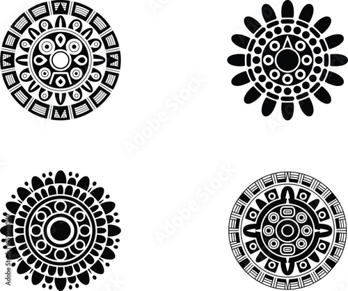 Black and white vector illustrations of intricate circular aztec inspired designs on white background
