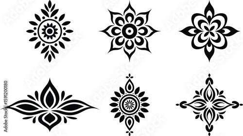 Collection of six intricate black and white floral ornamental design elements for various purposes
