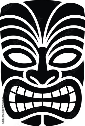 A vector illustration of a tribal tiki mask in a bold black and white design