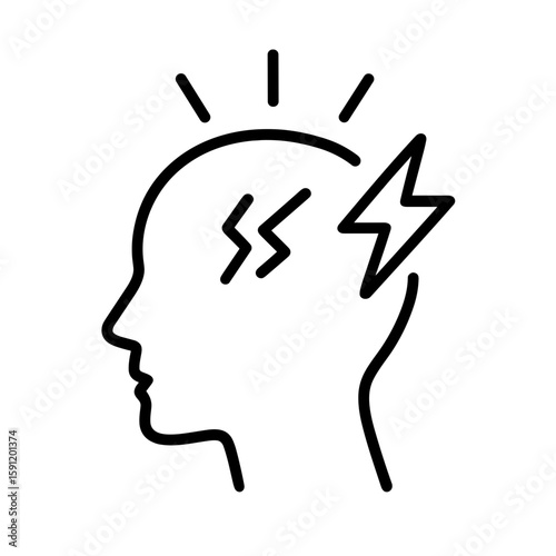 Head with lightning outline icon representing headache and stress