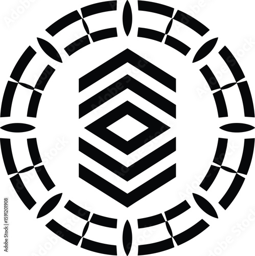 Abstract geometric black and white design with arrow and diamond shapes in a circular frame