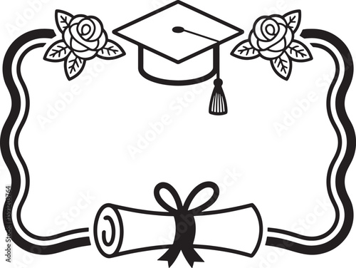 Graduation Cap Scroll and Rose Frame Vector Illustration