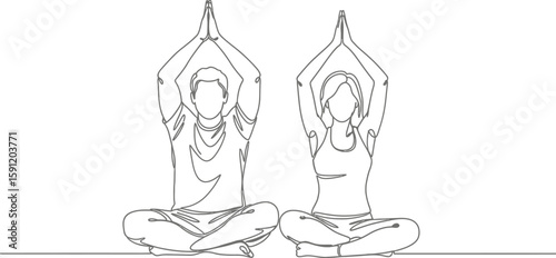 Continuous line art depicting a couple practicing yoga in a serene lotus position, promoting wellness and healthy lifestyle.