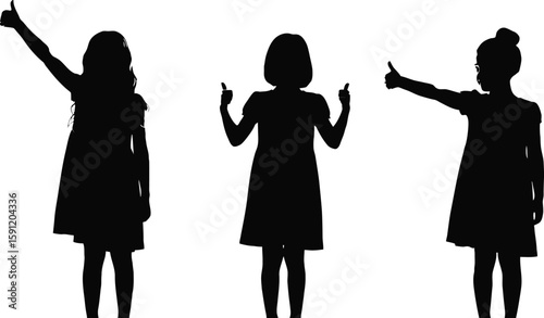 Silhouette of three young girls with thumbs up gesture convey positivity and approval against a bright white backdrop.