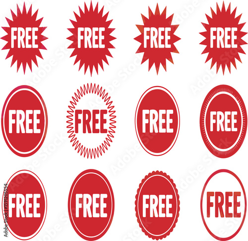 A collection of twelve red free labels with various designs, including stars and circles on a white background