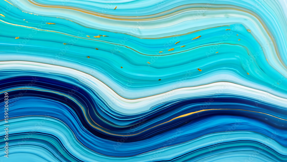 Fototapeta premium Abstract Turquoise Blue Marble Swirls with Golden Highlights for Modern Artwork, Ocean-Inspired Flowing Ink Pattern with Metallic Details for Elegant Designs