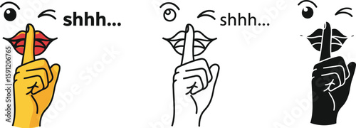 Shhh silence please keep quiet secret confidential hush gesture finger lips mouth eye wink vector art