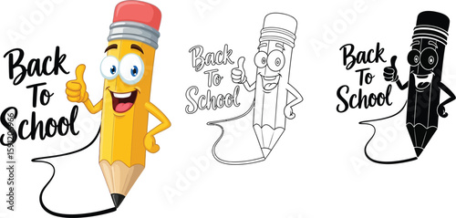 Back to school cartoon pencil character vector illustration for kids education and learning design