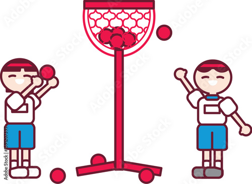 運動会で玉入れを楽しむ紅組の子供たちのベクターイラスト