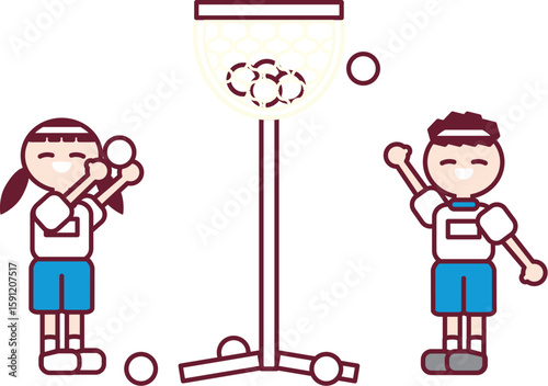 運動会で玉入れを楽しむ白組の子供たちのベクターイラスト