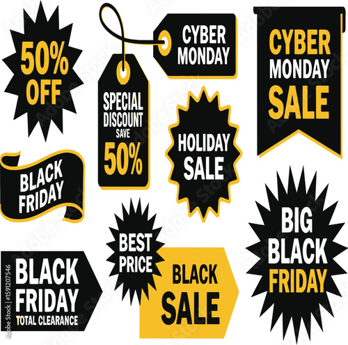 Various promotional sale stickers and tags for black friday and Cyber Monday deals are shown here