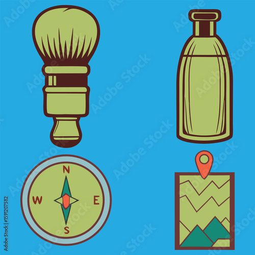 Camping Adventure Vector Illustration Featuring Compass, Map, Bottle, and Brush Icons