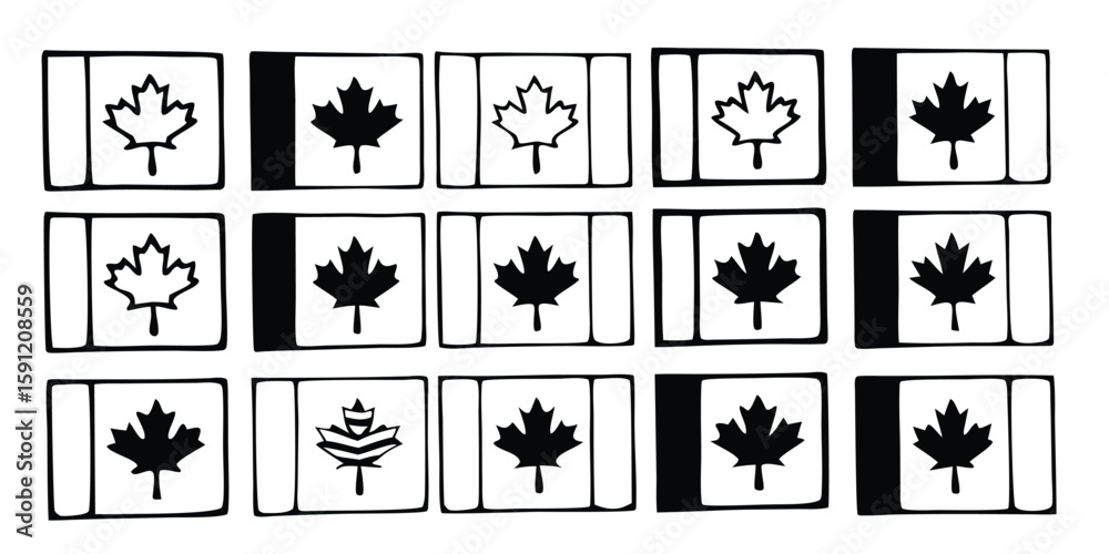 Fototapeta premium Hand Drawn Canada Flag Pattern in Black and White National Symbol Maple Leaf Vector Illustration on transparent background