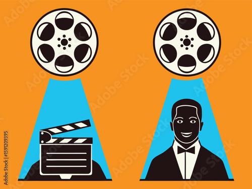 Vintage Film Production Movie Reel, Clapboard, and Actor Icon Illustration