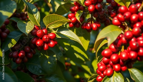Close up of coffee berries on a tree full of ripe red cherries.